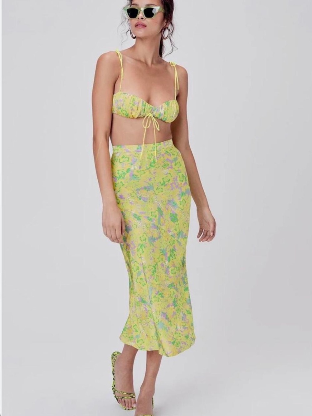For Love & Lemons Yellow Floral Midi Skirt